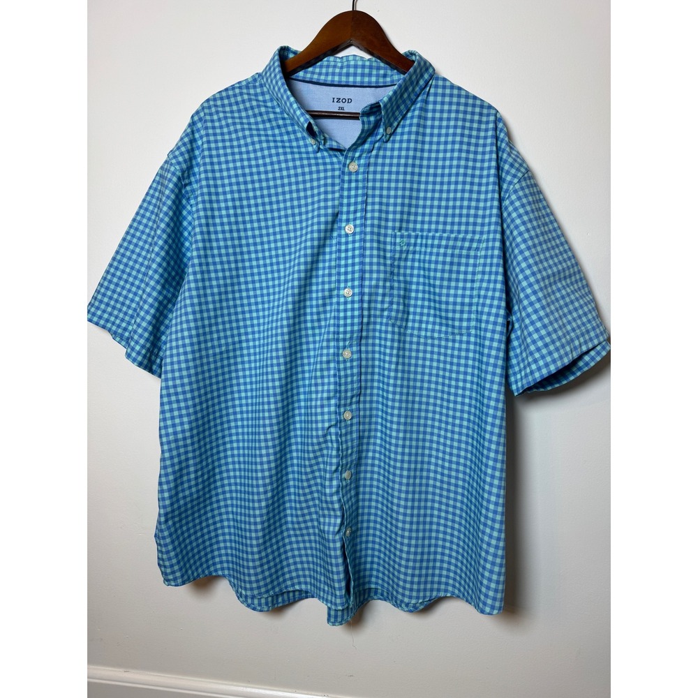 IZOD Mens 2XL Blue Gingham Short Sleeve Button Down Shirt Plaid Chest Pocket
